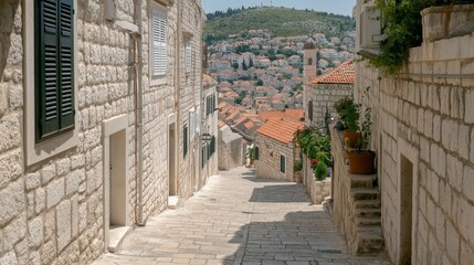 Fototapeta premium Narrow cobblestone street, historic stone houses with green plants, windows, sunny sky