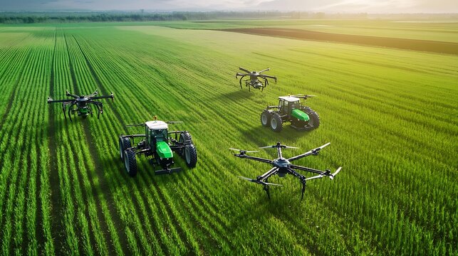 A fleet of automated tractors and drones working together in a large farm field
