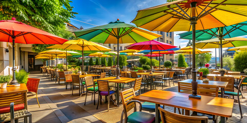Fototapeta premium Outdoor restaurant with colorful umbrellas on a sunny day, al fresco dining