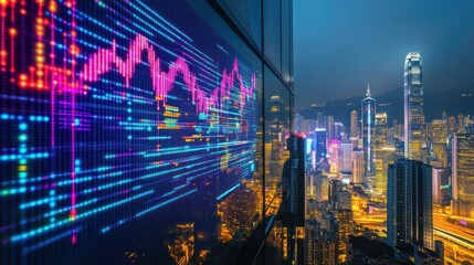 Night cityscape with digital stock market data overlay.