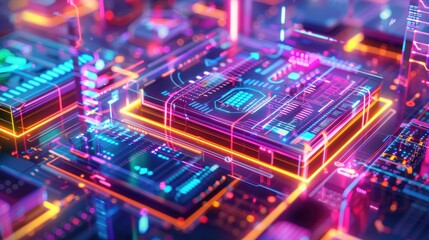 Obraz premium bstract glowing cubes with circuit motifs float in a virtual space, showcasing a sleek and modern technology environment.