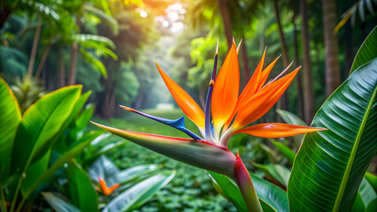 Exotic strelitzia flower blooming in a lush jungle setting, tropical, vibrant, colorful, nature, plant, petals, exotic