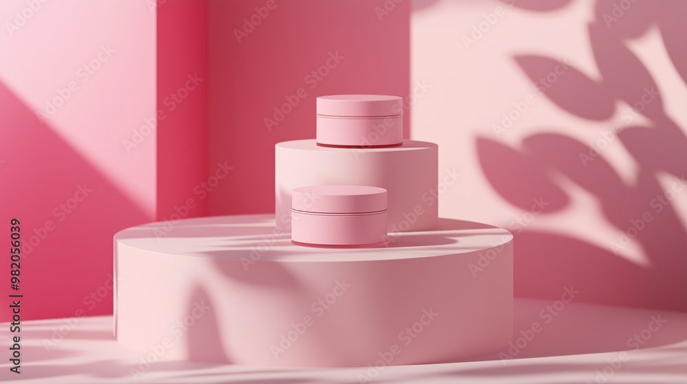 Poster pink cosmetic jars displayed on a circular pedestal in a minimalist setting with dramatic shadows in