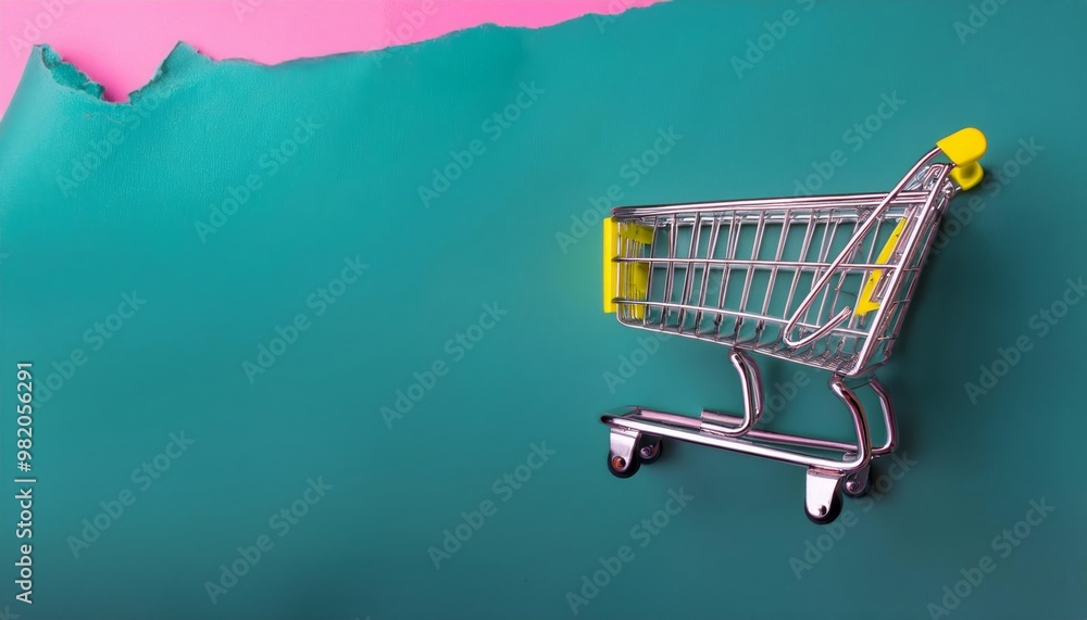 Wall mural creative shopping cart concept on colorful background. modern retail and commerce symbolism with min