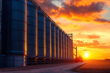 Obraz premium Sunset Over Silos on a Farm Showcasing the Beauty of Agricultural Landscapes in the Evening Light