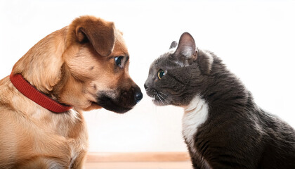 Brown dog and black cat looking at each other.
