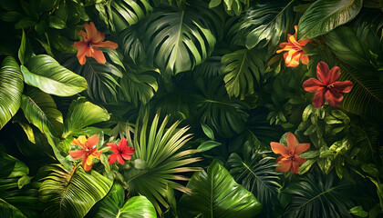 Fototapeta premium A lush jungle scene with vibrant green leaves and exotic flowers, bringing the warmth of the tropics to your screen