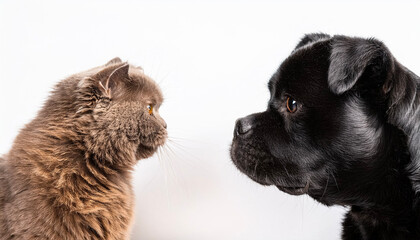 Obraz premium Pit bull and Persian cat looking at each other.