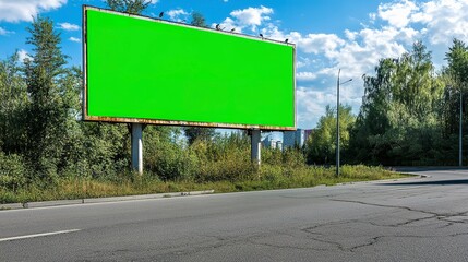 White vintage billboard on the road, the billboard is entirely green screen with no advertisements or text. 