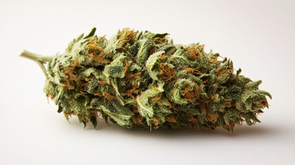 Close-up View of a Cannabis Flower Highlighting Its Trichomes and Rich Green Colors on a Neutral Background