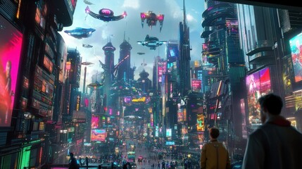 A vibrant futuristic cityscape with flying vehicles and neon lights.