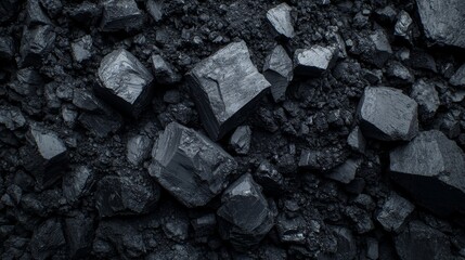 Black Coal Chunks Scattered Across a Rugged Surface, Showcasing Various Shapes and Sizes in Natural Lighting