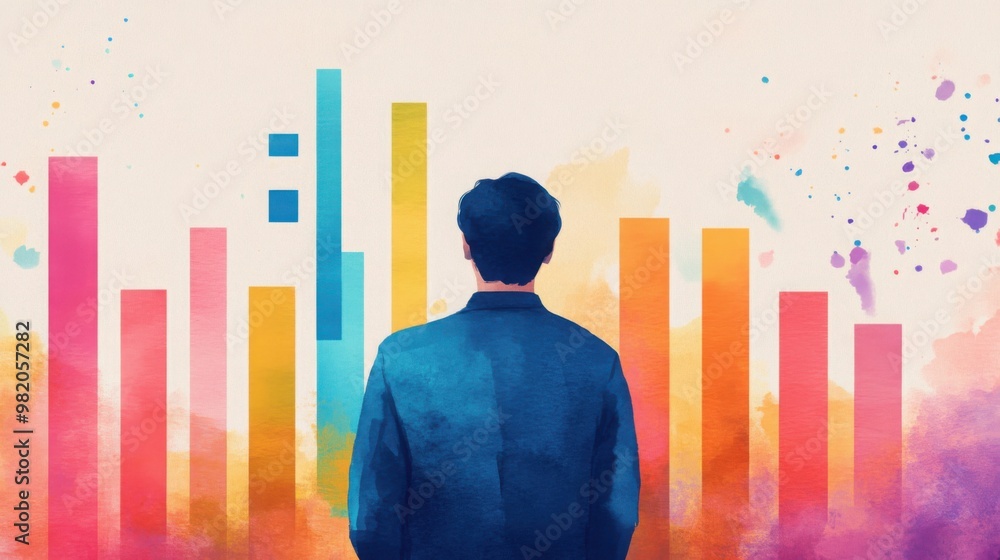 Poster a person stands before a colorful, abstract bar graph, symbolizing data analysis and insights.