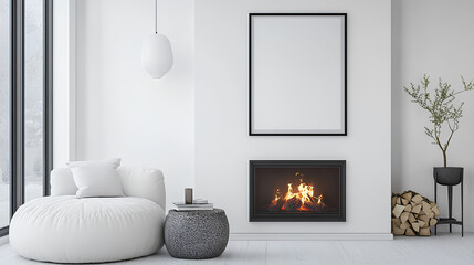 Pouf and side table near white sofa against fireplace and white wall with poster frame. Minimalist interior design of modern living room, home.