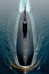 Aerial View of a Submarine Navigating Through Calm Waters During the Day, Showcasing Its Sleek Design and Powerful Presence