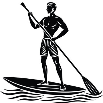 recommend clip art: a man is standing on a paddle board with a paddle silhouette vector
