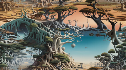 Surreal landscape featuring intricate organic forms and whimsical trees,  a dreamy atmosphere