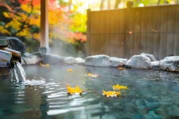 Fototapeta premium 秋の京都の温泉。日本の旅館と紅葉のイメージ素材｜Autumn in Kyoto. Image of a Japanese inn and autumn leaves.