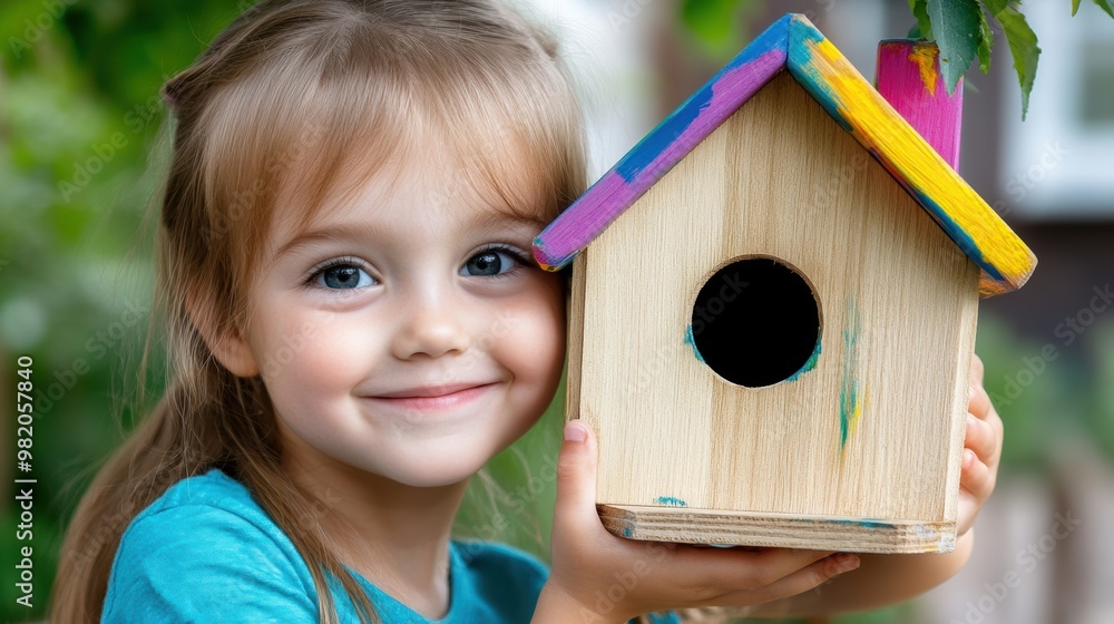 Wall mural A little girl holding a birdhouse with her hand, AI