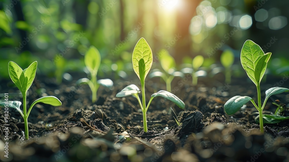 Poster Sprouting seedlings in a row, symbolizing the growth and progress of a business. Generative AI.