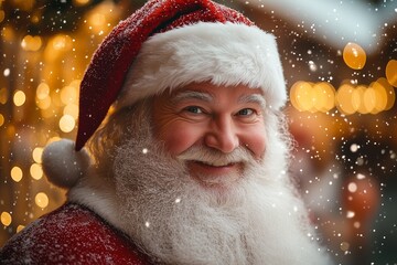 Santa Claus smiling at the camera with backdrop of twinkling lights and snowflakes