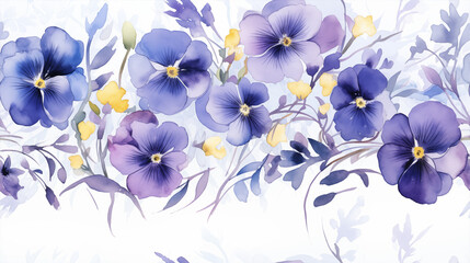 Obraz premium Charming watercolor pansy flowers in shades of blue and purple with yellow accents on a light background