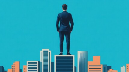 A businessperson stands confidently atop a skyscraper, overlooking a vibrant city skyline against a bright blue background.