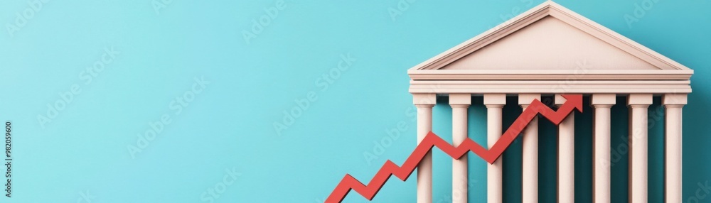 Poster a financial graphic showing a columned structure with a rising red graph line against a blue backgro