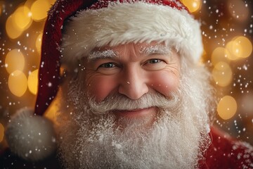 Santa Claus smiling at the camera with backdrop of twinkling lights and snowflakes