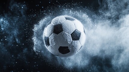 Fototapeta premium A dynamic soccer ball surrounded by a cloud of dust, emphasizing motion and energy.