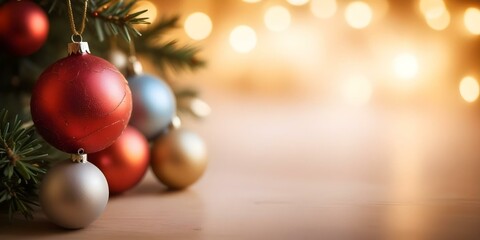 Obraz premium Blurred Christmas ornaments and lights with a warm, festive background.