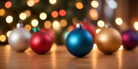 Blurred Christmas ornaments and lights with a warm, festive background.