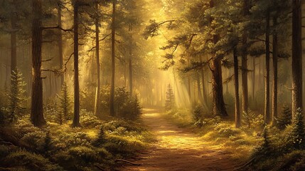 Obraz premium Golden shafts of light bathe the pine-kissed path, creating an ethereal tapestry of nature's artistry.