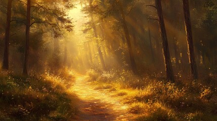 Naklejka premium Golden shafts of light bathe the pine-kissed path, creating an ethereal tapestry of nature's artistry.