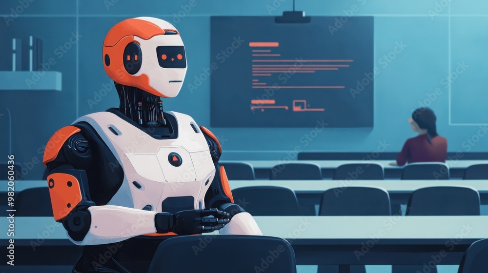 Aufkleber a futuristic classroom scene featuring a robot seated at a table, with a digital presentation displa