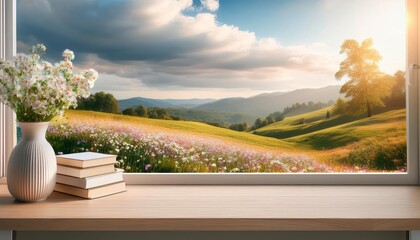 Fototapeta premium Scenic view of a sunny countryside landscape with flowers and greenery, seen through a window decorated with a vase and books.