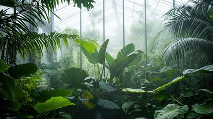 Naklejka premium A misty greenhouse filled with tropical foliage, a humid paradise, Botanical