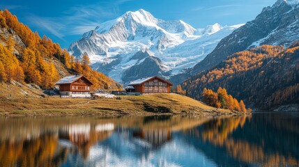 Fototapeta premium Hike Lötschental in autumn for captivating alpine beauty. Admire vibrant fall leaves, snow-covered peaks, tranquil lakes, and picturesque Swiss chalets under clear blue skies.