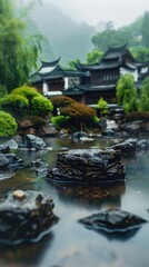 Naklejka premium Serene Traditional Garden with Rocks and Waterfall