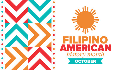 Filipino American History Month. Happy holiday celebrate annual in October. Filipinos and United States flag. Culture month. Patriotic design. Poster, card, banner, template. Vector illustration