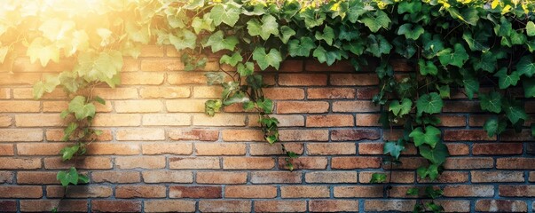 Close-up of vines clinging to a sunlit brick wall, natural and urban fusion, Botanical