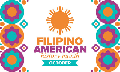 Filipino American History Month. Happy holiday celebrate annual in October. Filipinos and United States flag. Culture month. Patriotic design. Poster, card, banner, template. Vector illustration