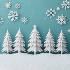 Obraz premium A serene winter scene featuring white Christmas trees and snowflakes against a teal background.