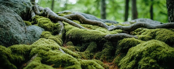 Roots crawling over mossy stones, textures blending with forest hues, Botanical