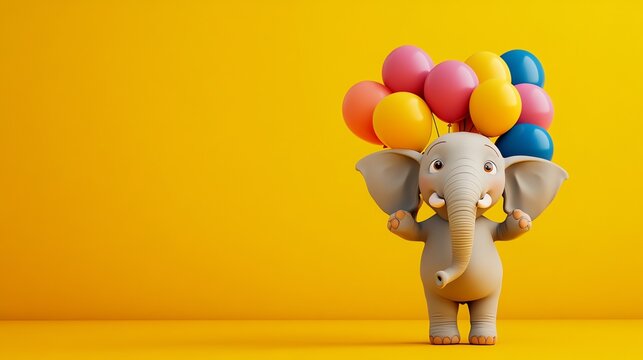 Fototapeta A cute cartoon elephant holds a bunch of colorful balloons in front of a bright yellow background.