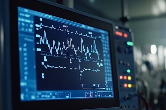 Medical monitor displaying a patient's vital signs as a team of surgeons are performing surgery in a hospital operating room