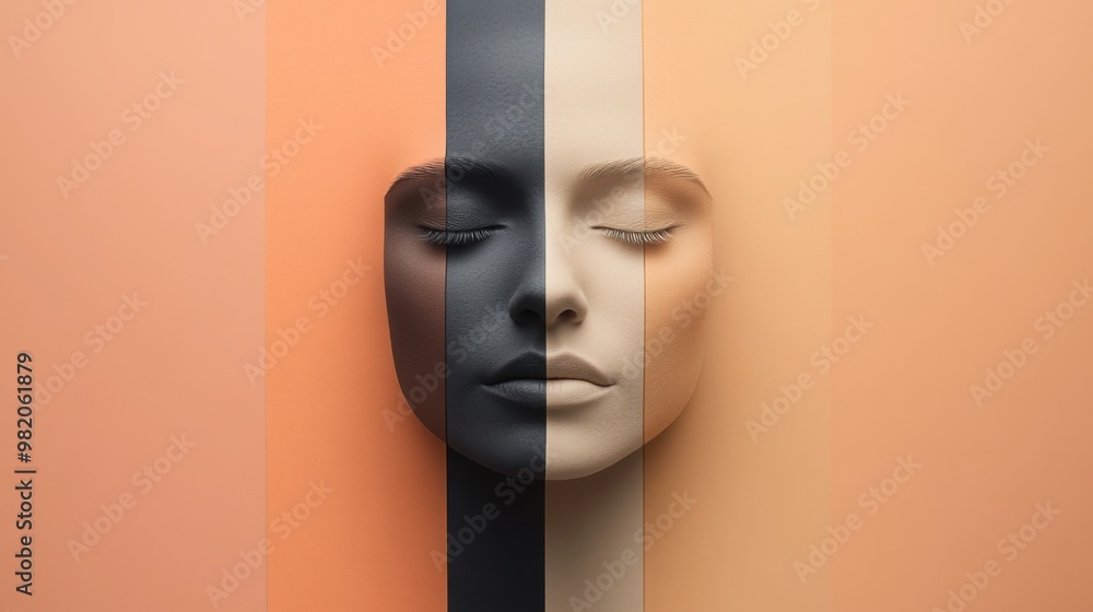 Poster a surreal portrait featuring a face divided into segments with contrasting colors, evoking themes of