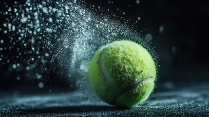 A close-up of a tennis ball in motion, creating a spray of particles upon impact.