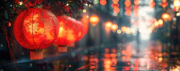 Red Chinese lanterns glowing warmly amidst festive lights.
