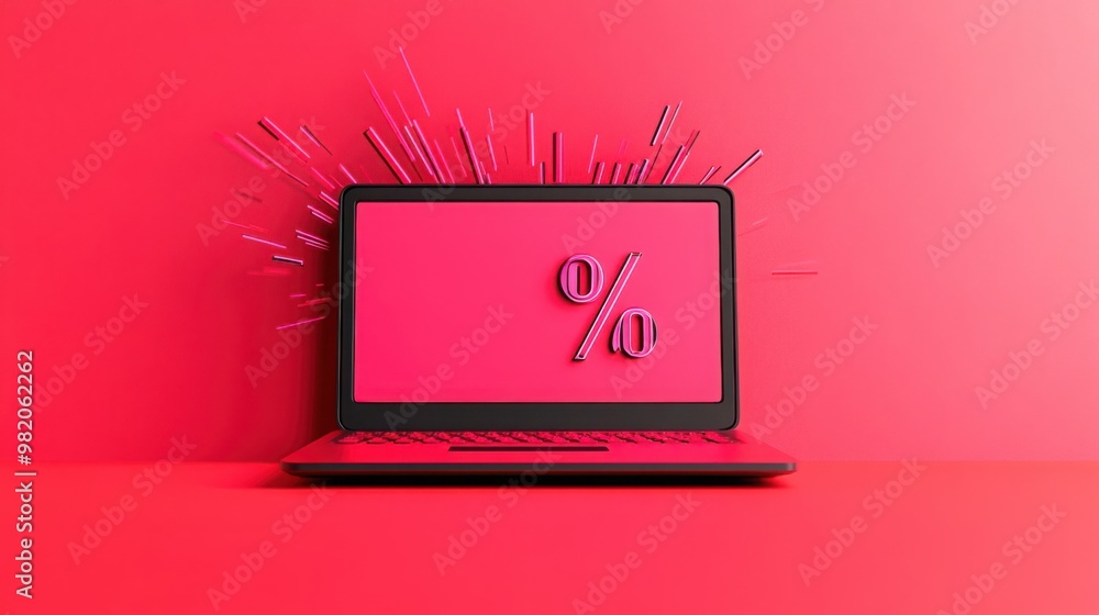 Poster a vibrant red laptop displaying a percentage symbol, emphasizing discounts or statistics, with dynam